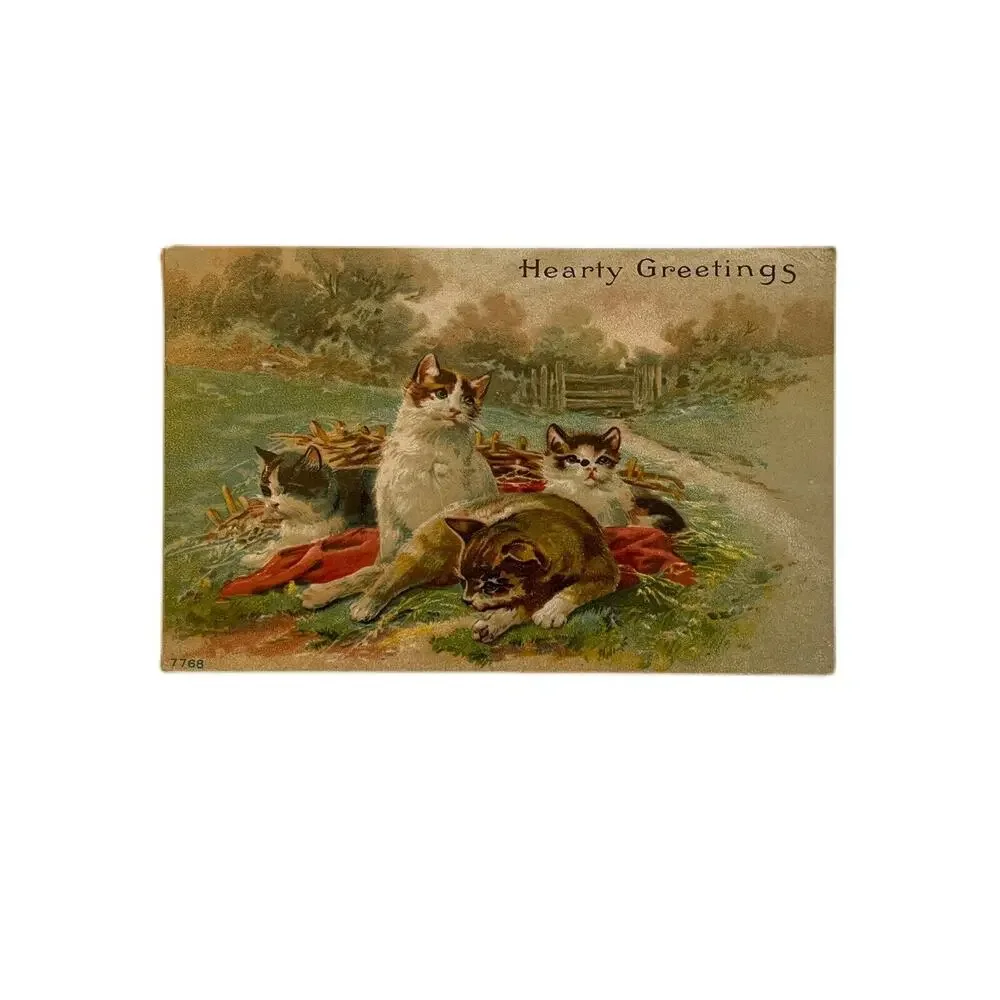 Antique Postcard Clowder Of Cats 1910 Ephemera Countryside Heart Wishes Embossed